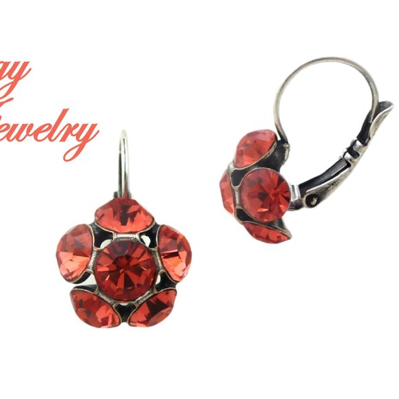 Padparadscha Flower Cluster Drop Earrings Made with Genuine Austrian Crystals - Picture 3 of 6